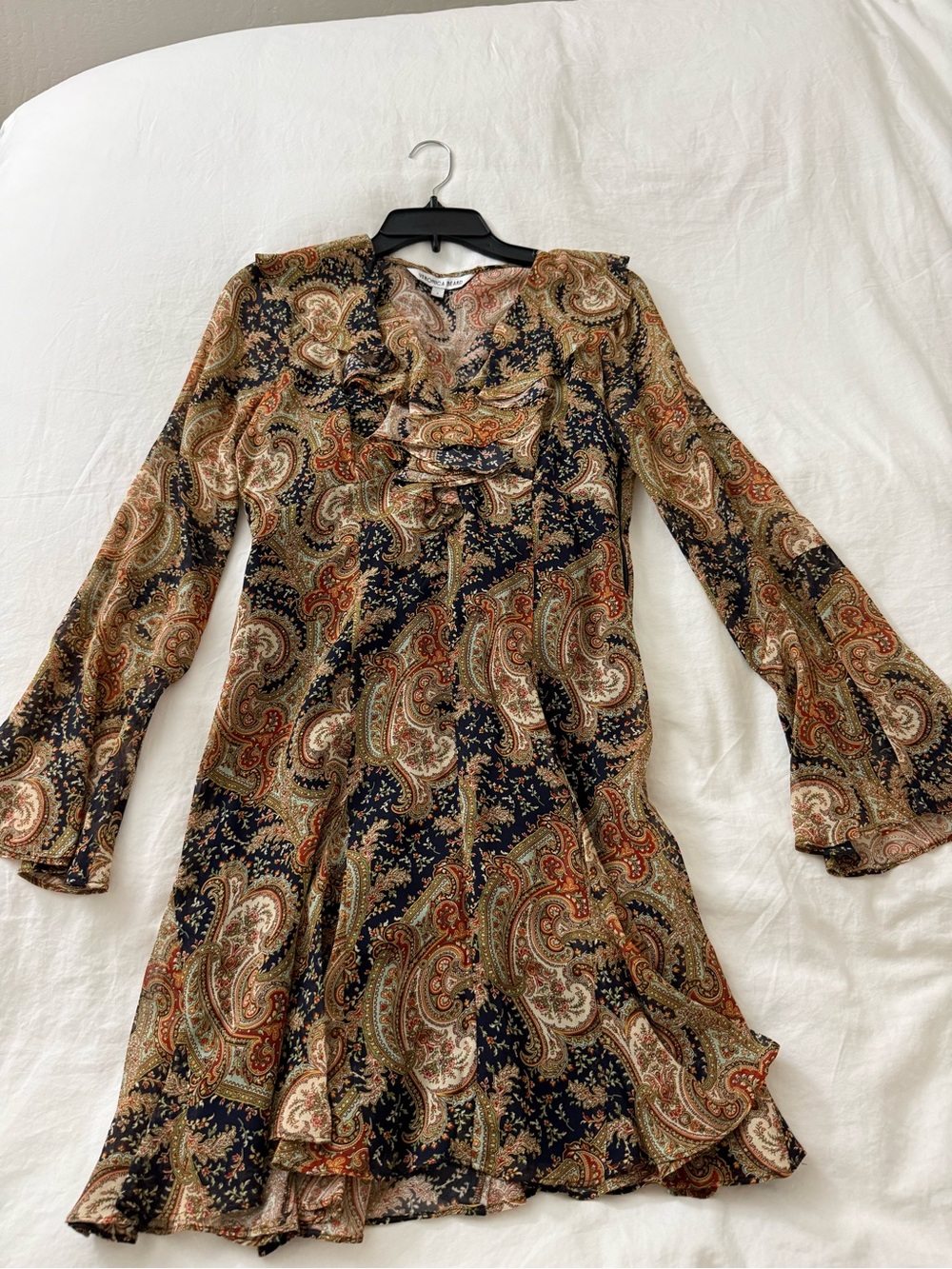 Veronica Beard Paisley Long Sleeve Mini Dress in Navy, Tan & Rust